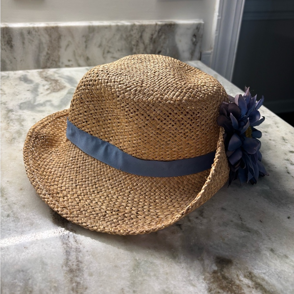 Vintage Importina Straw Hat with Blue Flower Accent - Picture 3 of 5